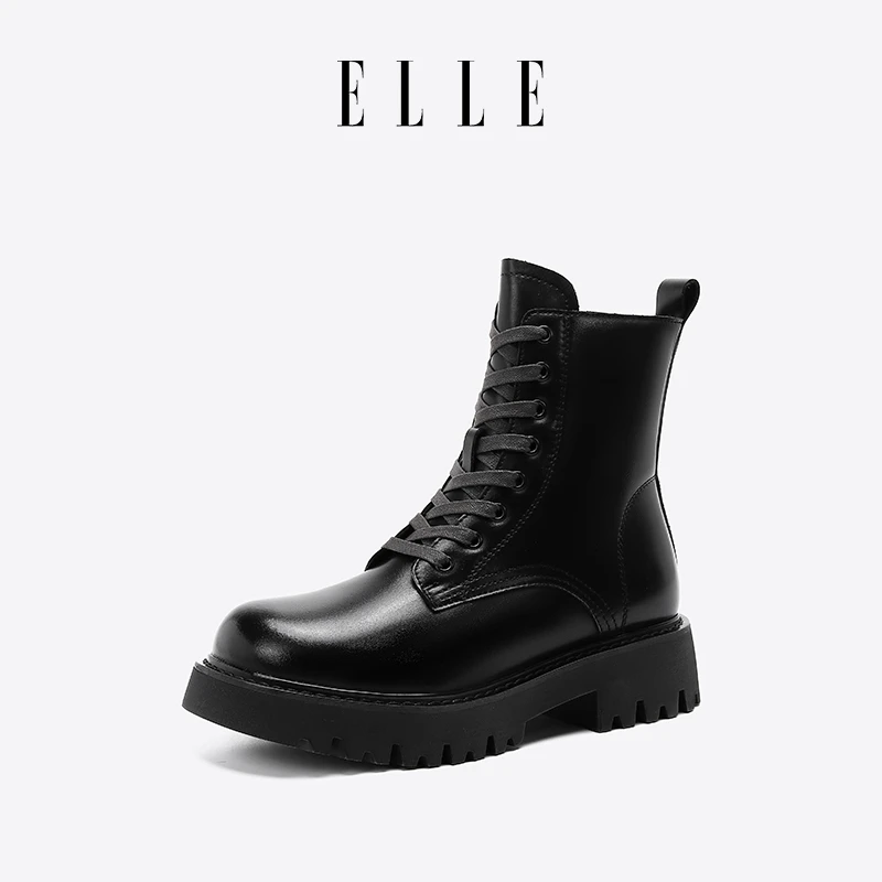 ELLE马丁靴女款2025新款冬季时尚潮流女鞋短靴黑色靴牛皮圆头耐磨