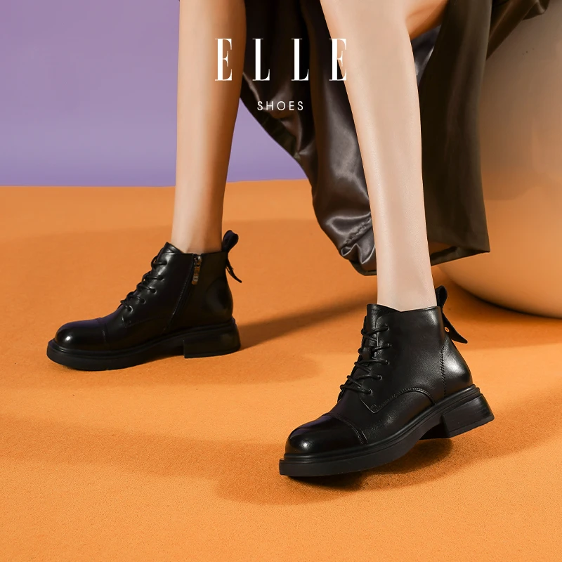 ELLE黑色时尚百搭英伦风靴子2025年秋季新款圆头侧拉链粗跟马丁靴
