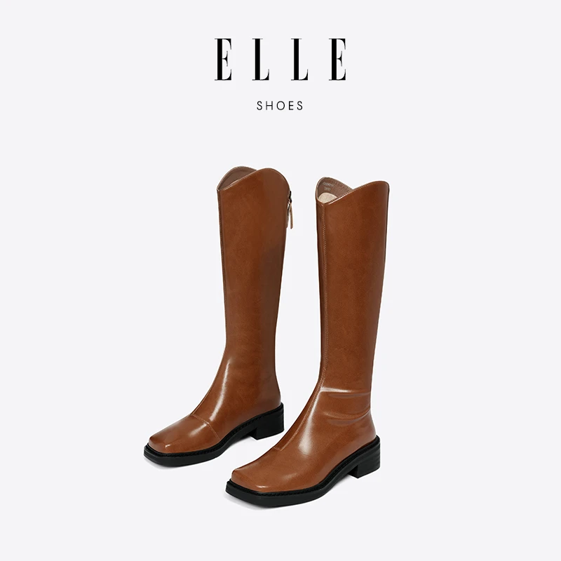 ELLE秋季V口长筒靴女粗腿新款胖mm长筒中跟西部牛仔中跟瘦瘦靴女