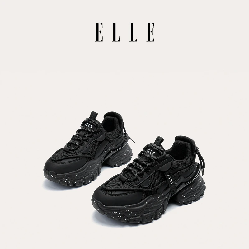 ELLE黑色炸街老爹鞋女款2025新款秋季款女鞋显脚小厚底增高运动鞋