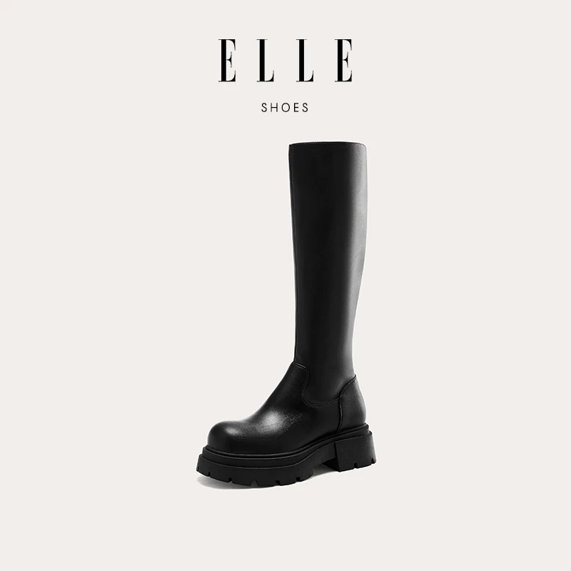 ELLE真皮长靴女秋季新款厚垫高筒骑士靴女复古欧美显瘦粗跟时装靴