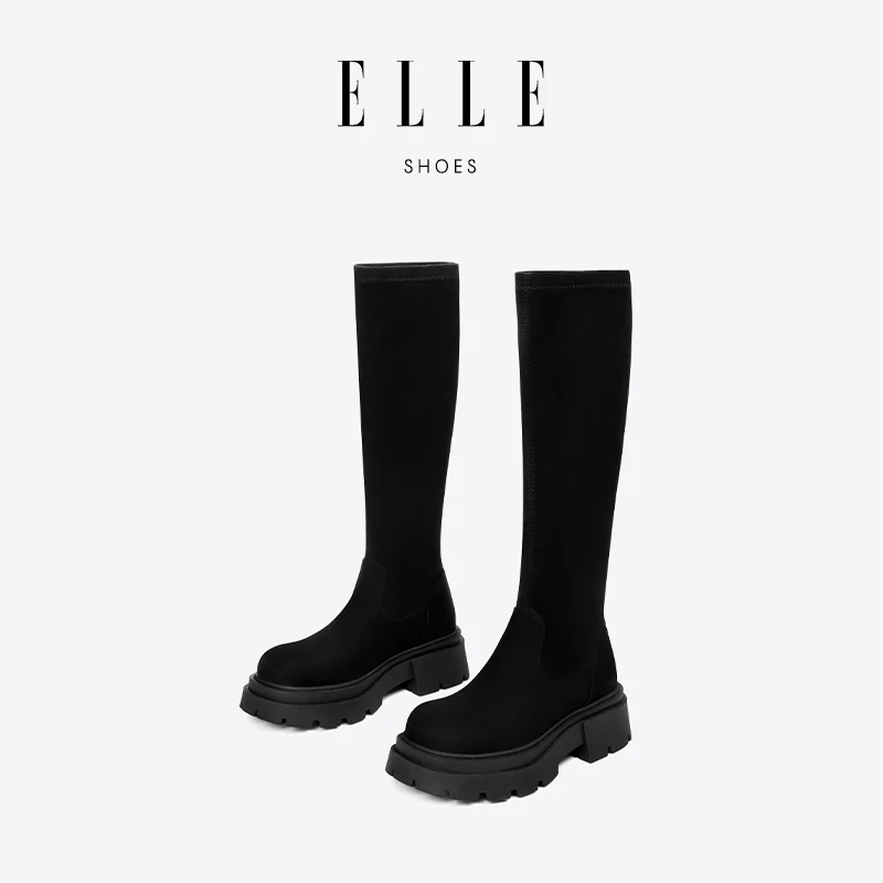 ELLE真皮高筒长靴女2025新款黑色弹力靴加绒袜靴瘦瘦靴厚底长筒靴