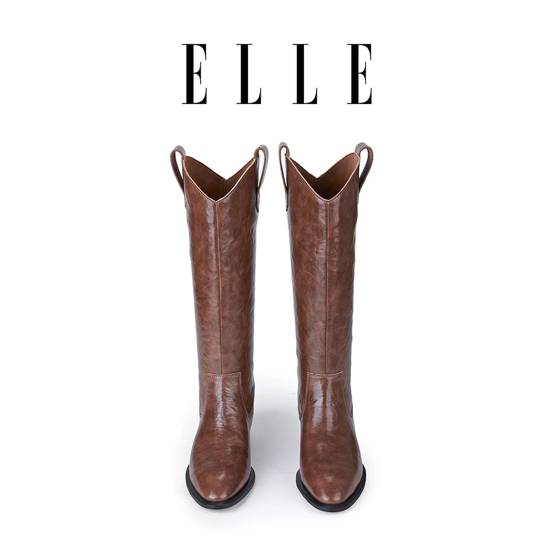 ELLE明星同款棕色v口西部牛仔靴女2025冬季爆款长筒露营骑士靴子