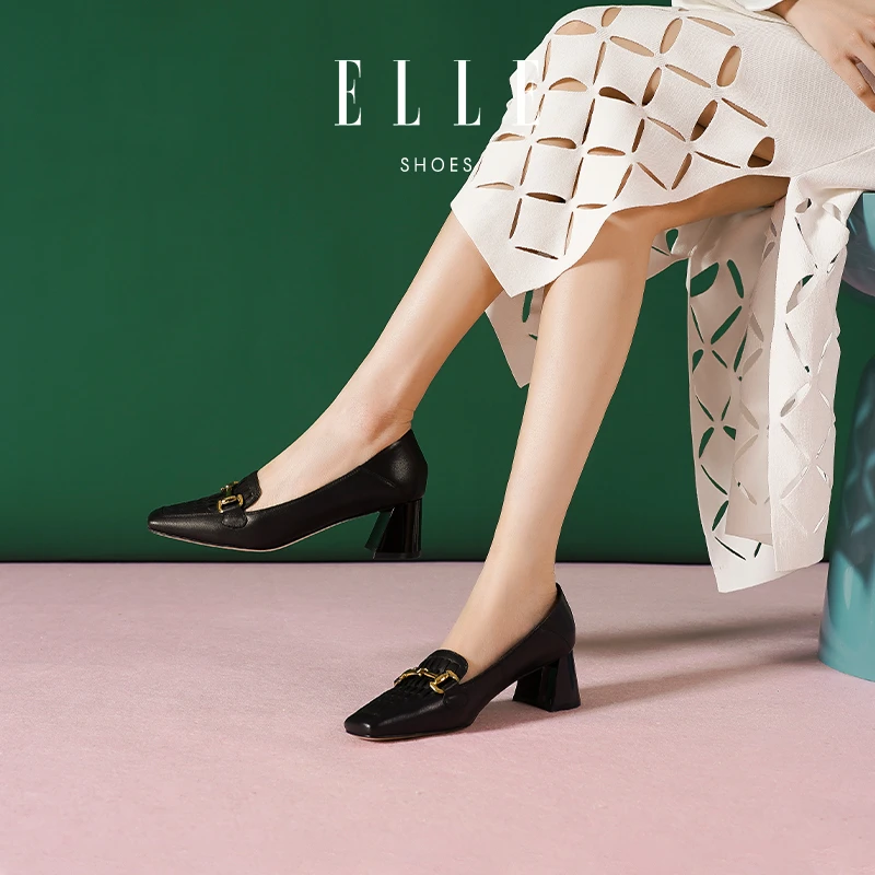 ELLE时尚百搭方头小皮鞋2025年秋季新款黑色法式粗跟英伦风乐福鞋