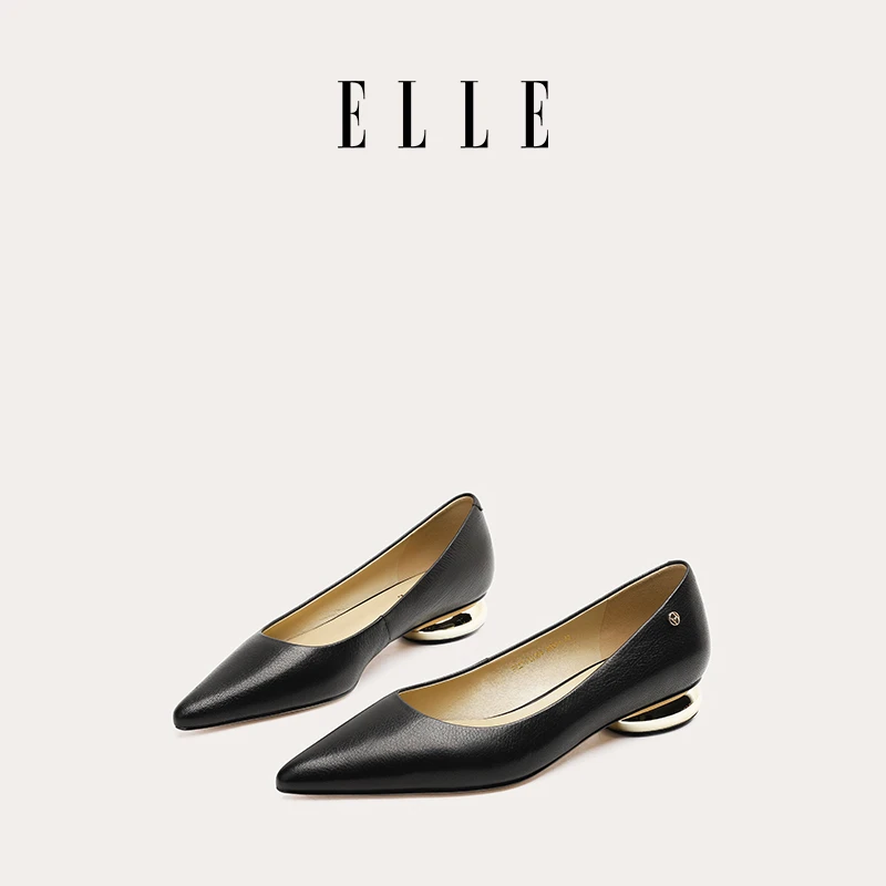 ELLE尖头浅口单鞋女2025新款秋季软羊皮职业矮跟通勤女鞋高跟鞋女