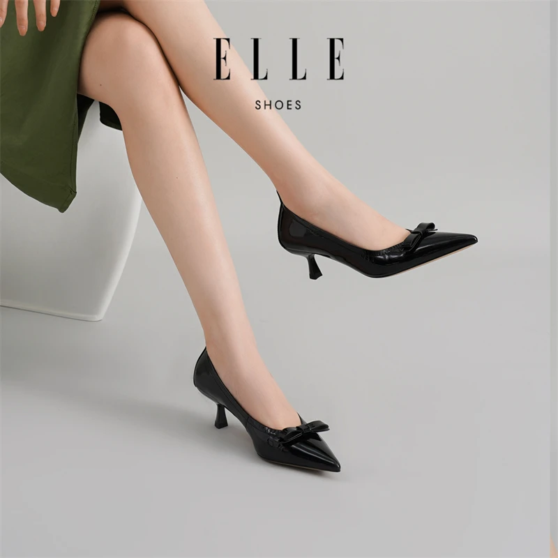 ELLE气质真皮高跟鞋法式黑色职业细跟鞋女2025新款尖头小香风单鞋
