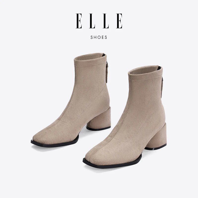 ELLE真皮绒面短靴秋季2025新款瘦瘦靴子时装袜靴方头粗跟沙色女鞋