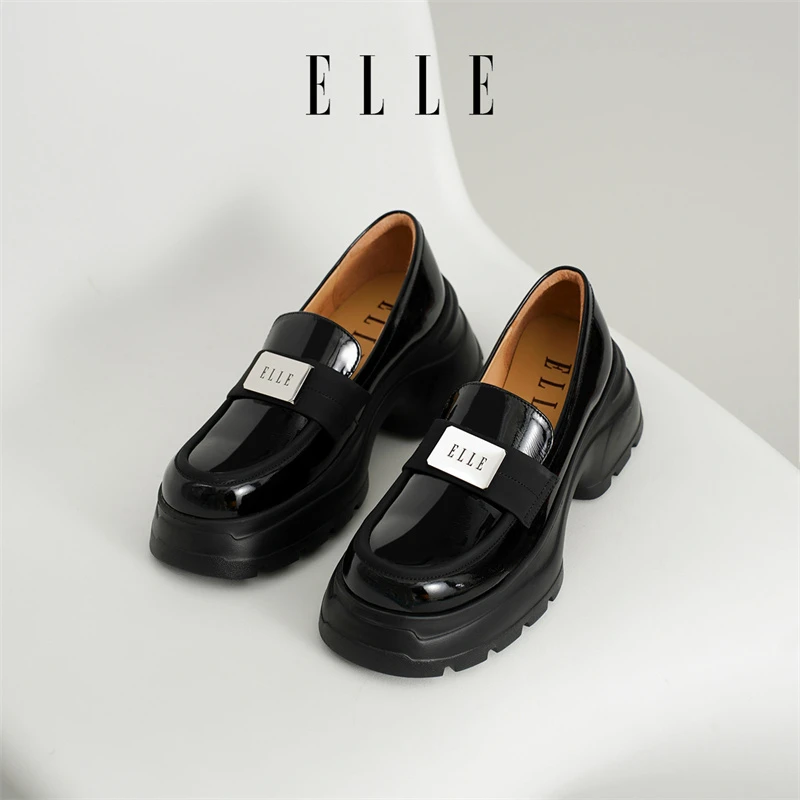ELLE真皮黑色学院风乐福鞋女款2025秋季新款时尚增高显瘦圆头单鞋