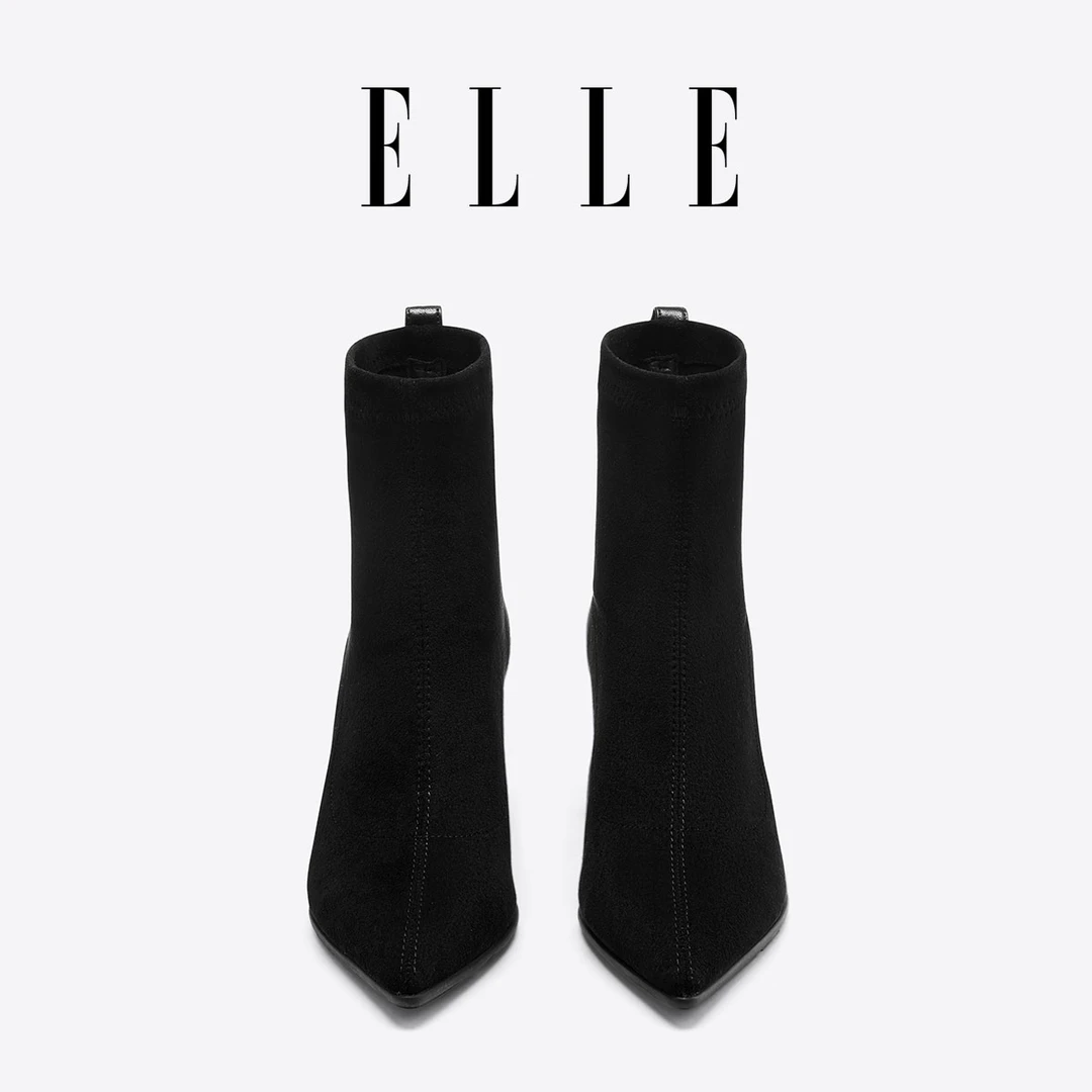 ELLE绒面细跟短靴女瘦瘦靴2025新款不累脚高跟鞋尖头女靴子马丁靴