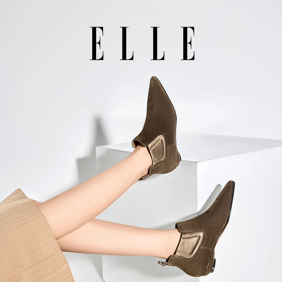 ELLE复古风低跟尖头马丁靴女真皮气质短靴冬季松紧带套筒切尔西靴