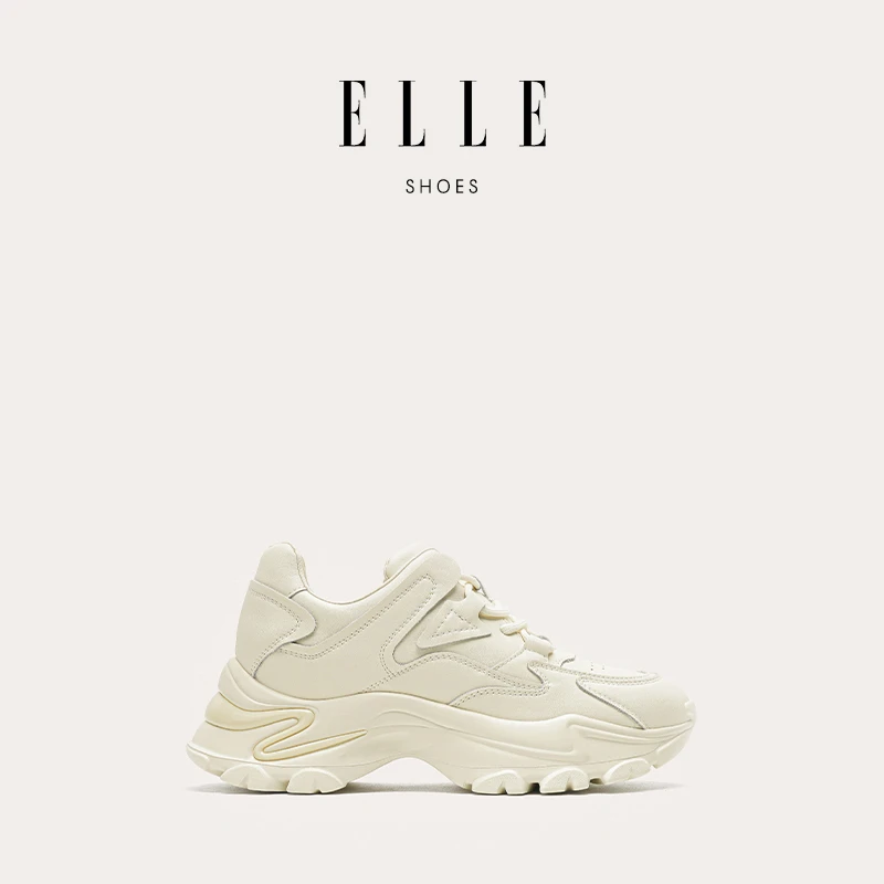 ELLE白色厚底老爹鞋鞋子2025新款显脚小秋季系带小白鞋增高运动鞋