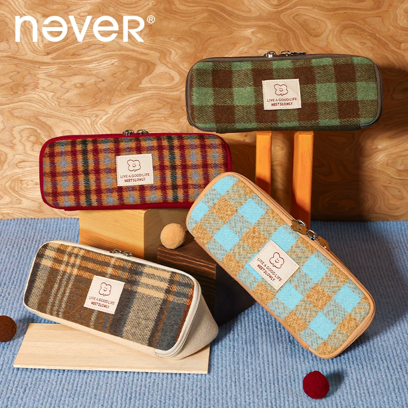 NEVER格子屋笔袋三角格纹毛呢高颜值美式复古风小众原创开学文具
