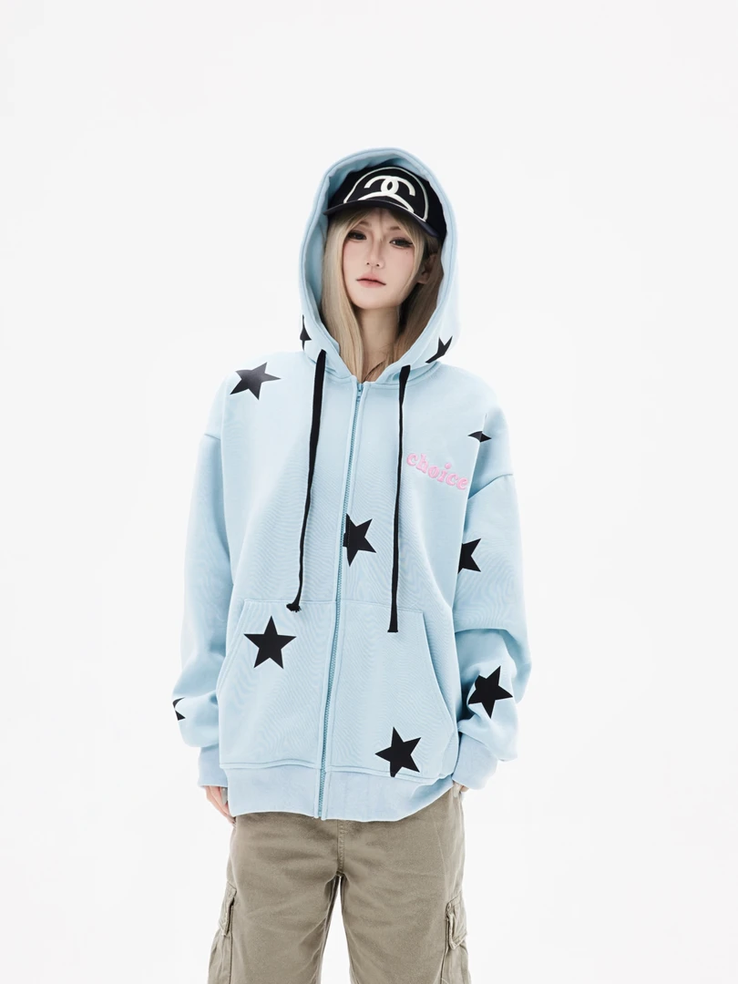 FYKSHOP美式街头星星印花连帽卫衣秋冬加绒休闲开衫拉链外套男ins