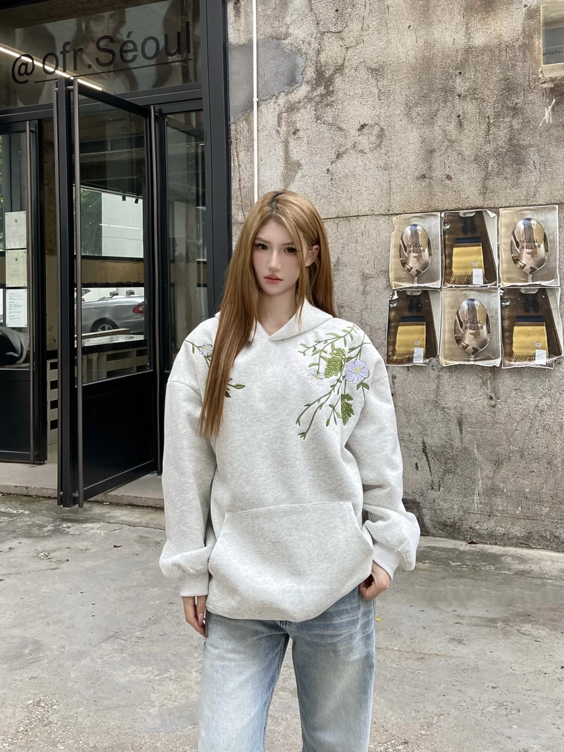 FYKSHOP美式复古花卉花环刺绣文字廓形连帽卫衣男女小众设计感ins