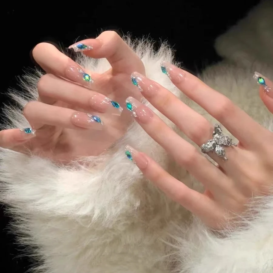 【鲛人泪】纯手工锆石马眼孔雀蓝色极光钻美甲裸色纯欲冰透穿戴甲