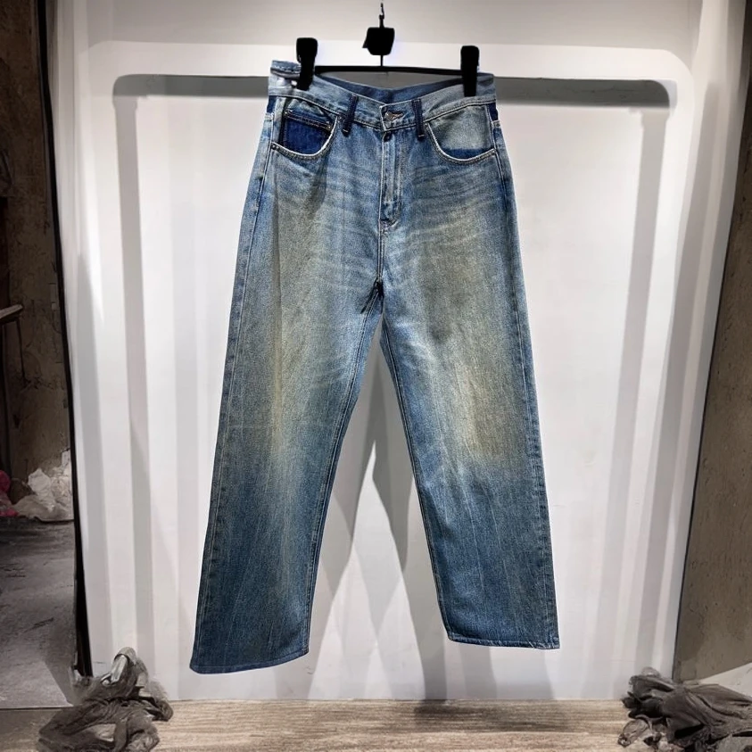 LUKE小猎豹24ss秋冬新品拼接微阔直筒牛仔裤