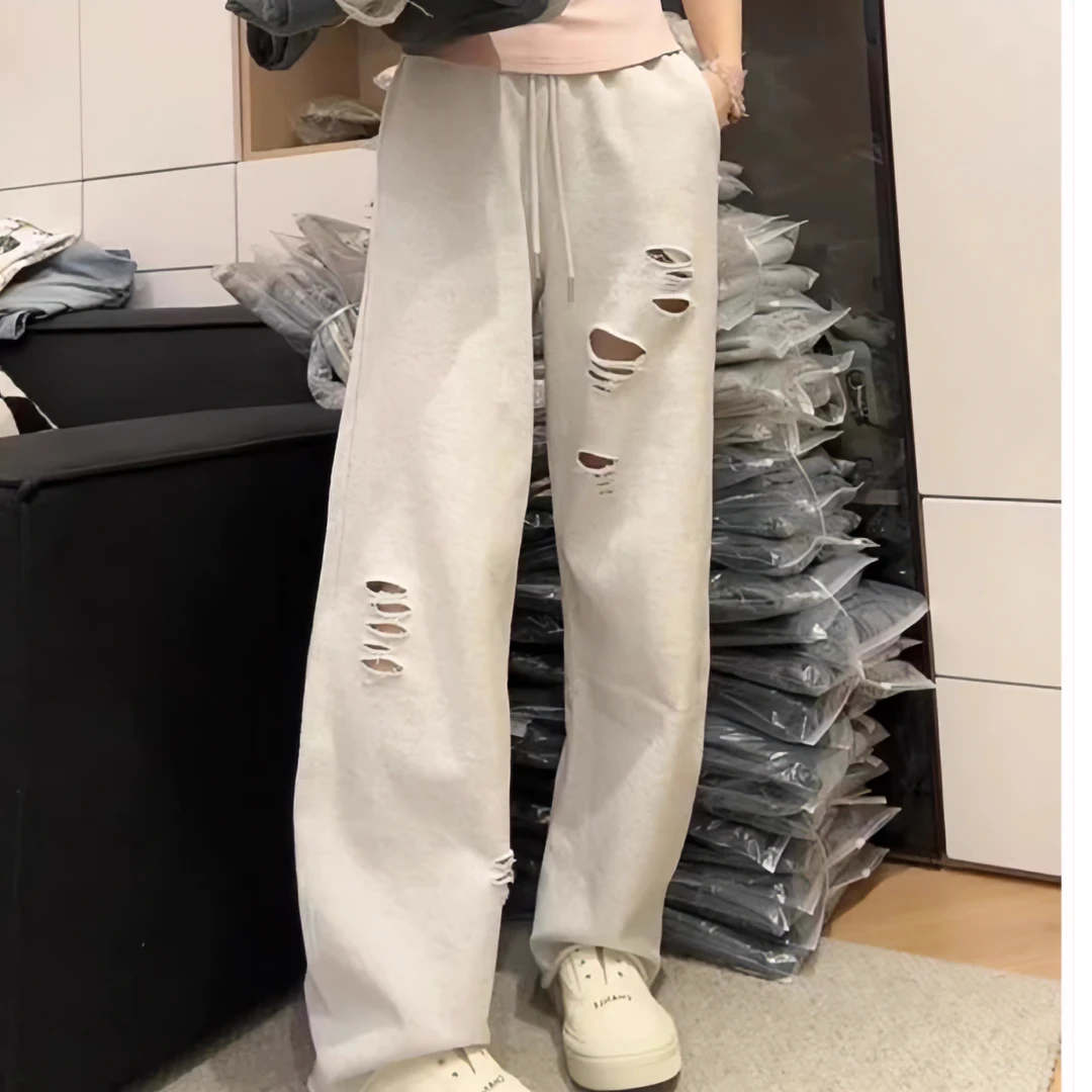 2024大码夏季薄款高腰垂感破洞休闲裤女胖mm显瘦宽松直筒阔腿裤子