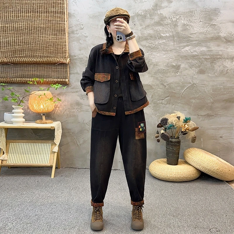 两件套装2024新款上新水洗刺绣牛仔外套＋休闲裤时尚百搭复古韩版