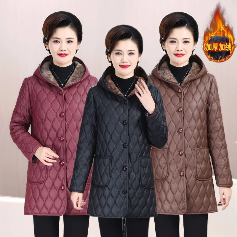 妈妈冬装高贵加绒棉衣中年妇女防风皮衣棉袄中老年棉服连帽外套