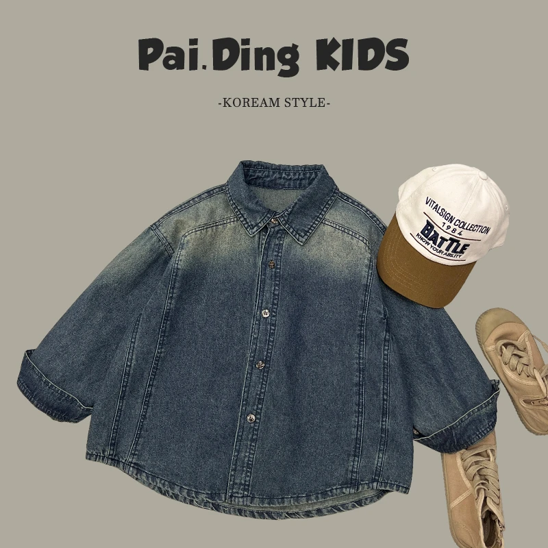 春秋装儿童韩版时尚复古休闲宽松翻领水洗渐变牛仔衬衫SJ4325-QK1