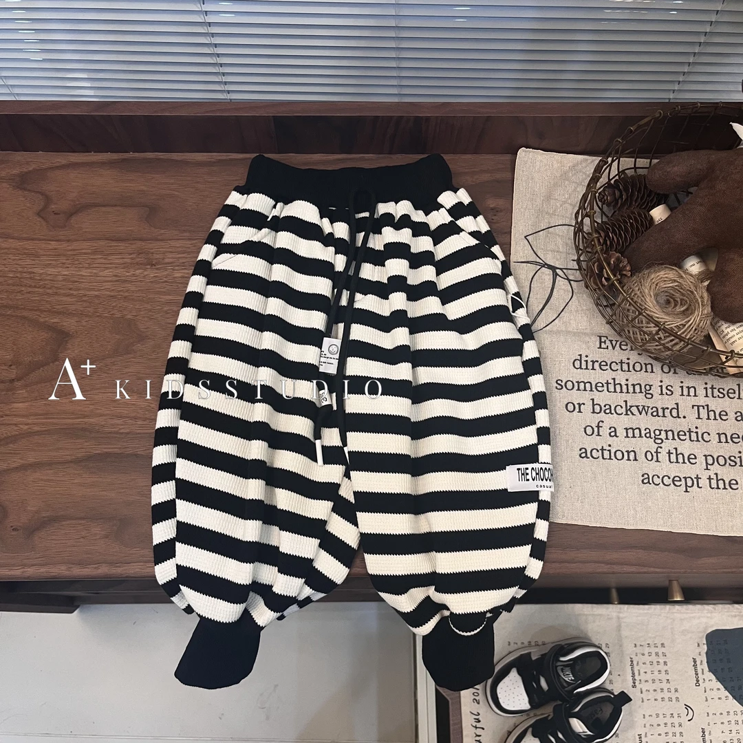 【文文妈】2023秋冬新款儿童加绒加厚条纹休闲裤小童韩版针织男女童