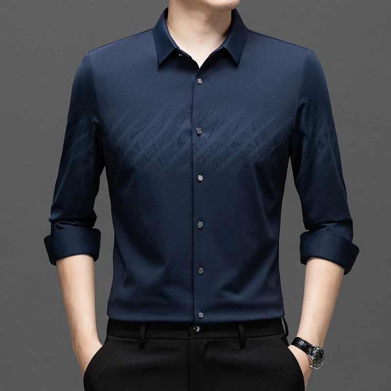 【蓝涛世家】男士长袖衬衫春秋季高档无痕免烫纯色商务休闲中年衬衣