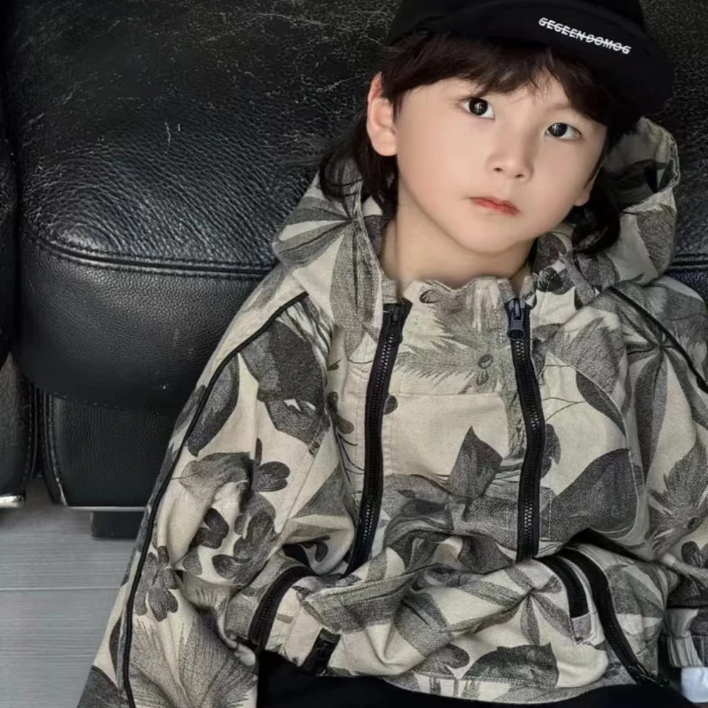 春秋装男女儿童韩版潮流美式印花双拉链设计休闲户外宽松连帽外套