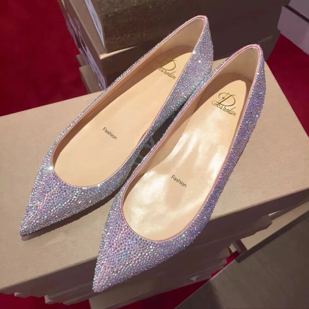 2025新款超闪水钻尖头平底浅口单鞋女内增高满钻低跟灰姑娘水晶鞋