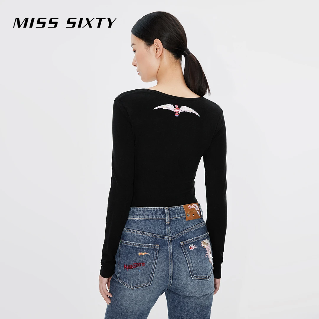 Miss Sixty X PHANNAPAST系列T恤女长袖设计感刺绣印花风感波粒