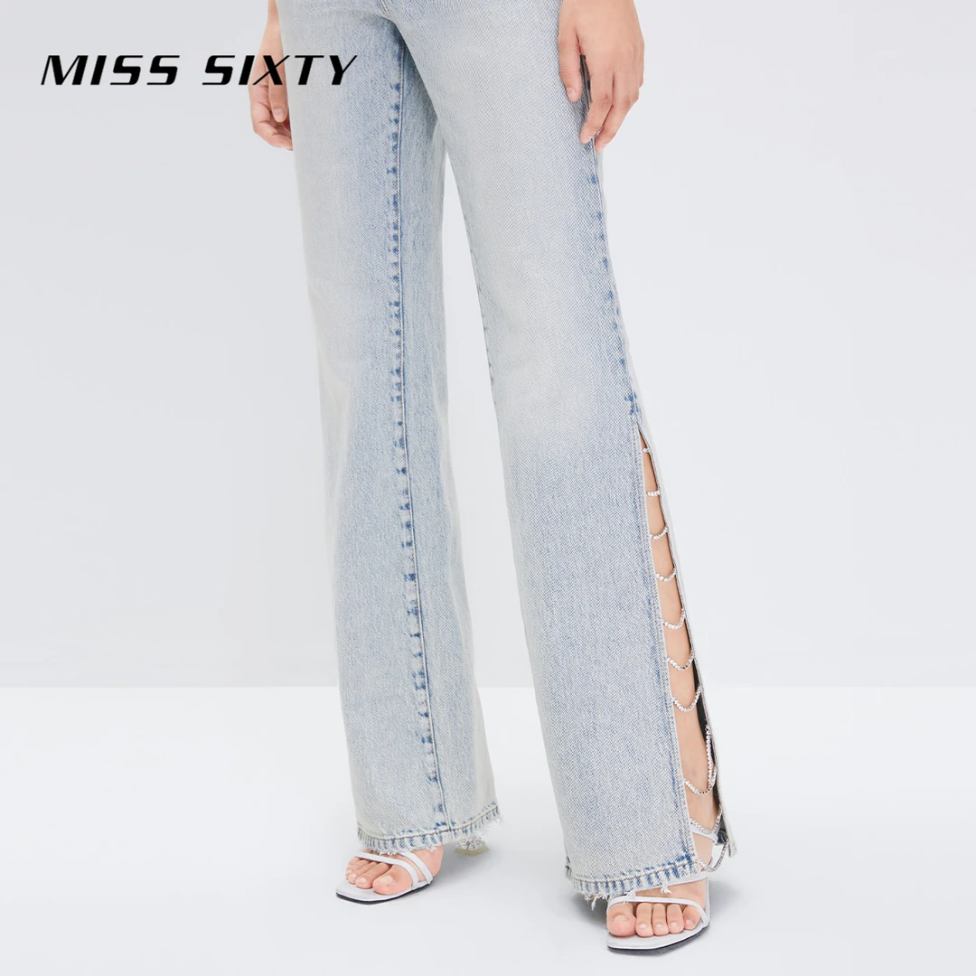 Miss Sixty夏季牛仔裤中腰开衩钻饰链条垂感显瘦喇叭长裤尤莱特