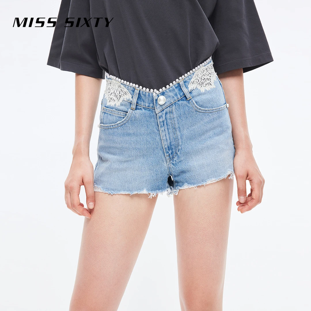 MissSixty天使系列百搭牛仔短裤宽松女复古磨破镂空绣花丹宁风