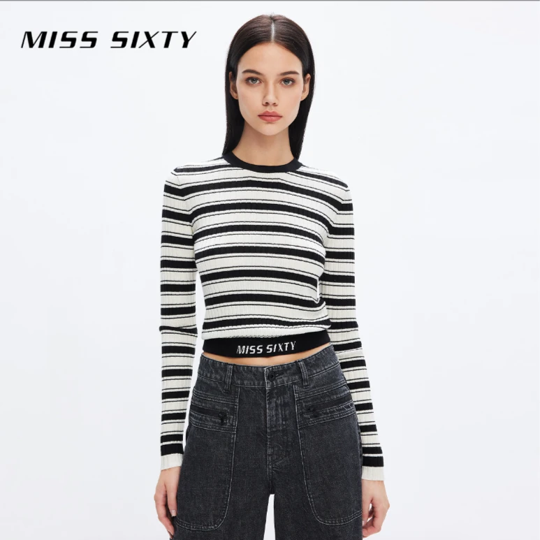 MissSixty撞色针织衫修身长袖针织衫女圆领条纹短款长袖弹打底衫