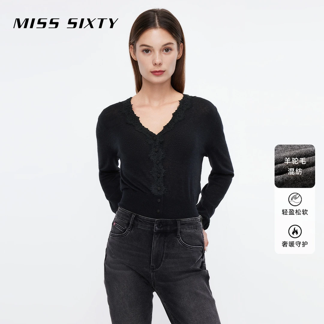 MissSixty毛织短款外套黑色长袖针织衫女V领蕾丝优雅修身法式精致