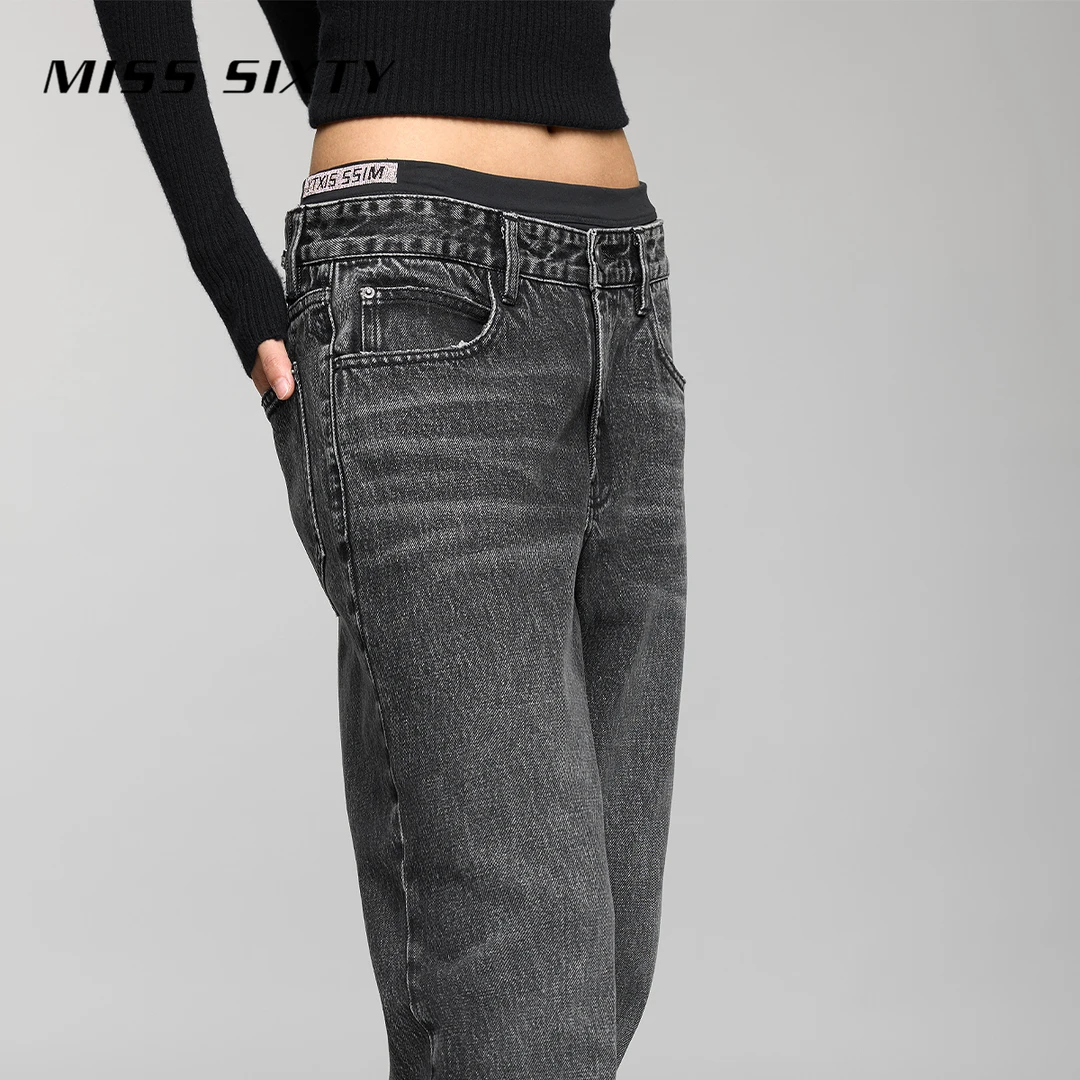 MissSixty 牛仔裤复古秋冬女拼接双腰头千禧蝴蝶显瘦直筒裤