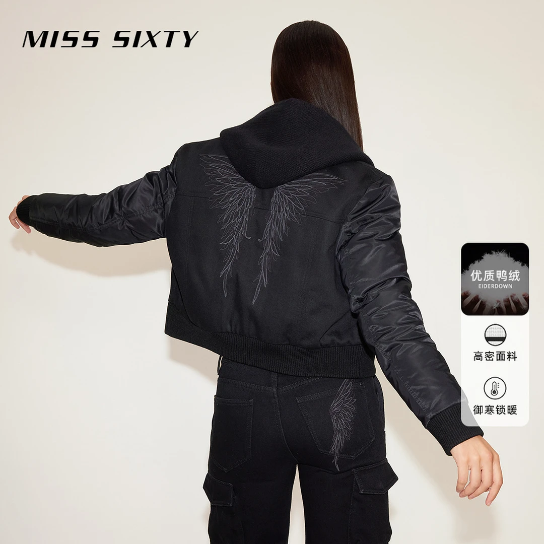 MissSixty天使系列牛仔冬季加绒保暖羽绒外套女夹克拼接棒球服