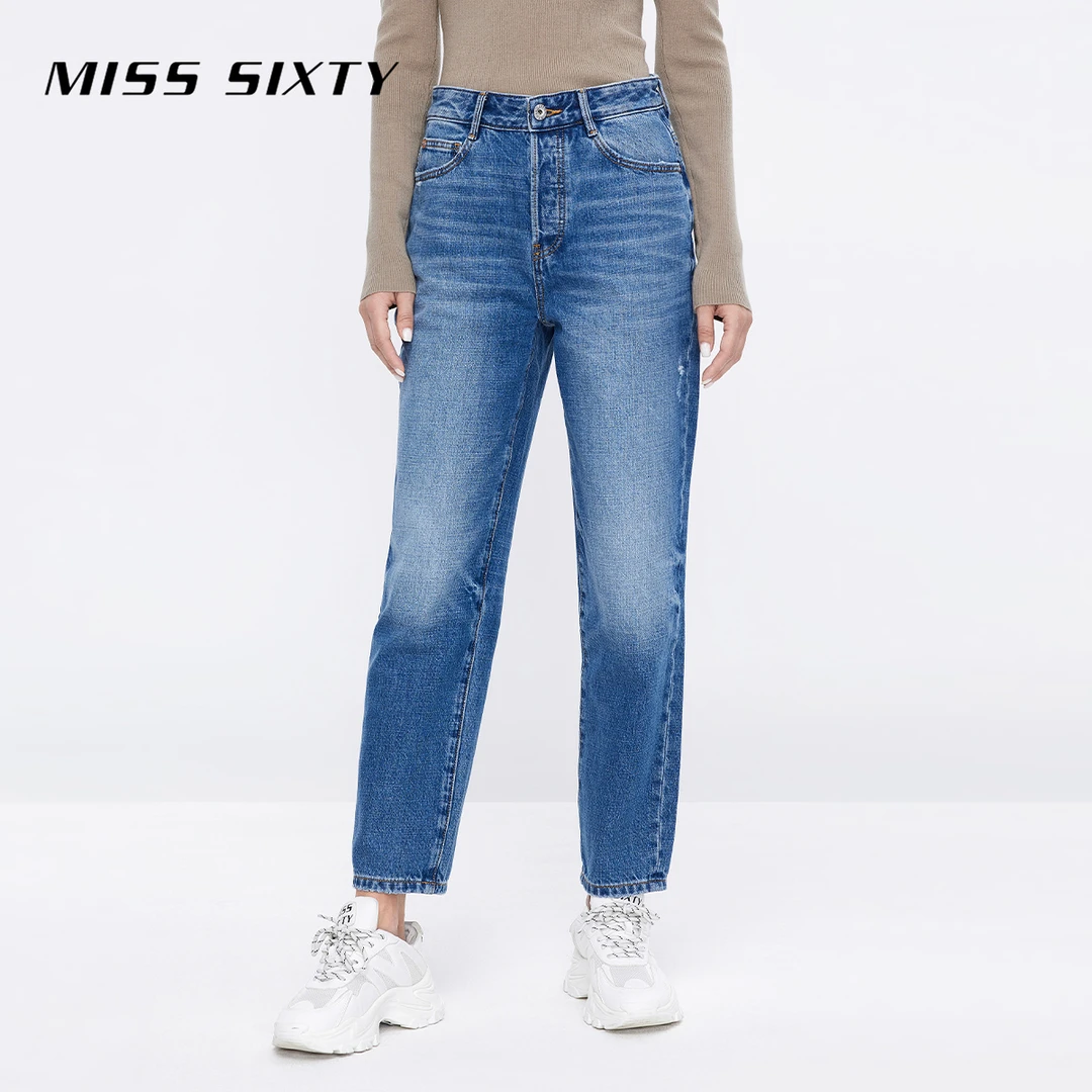 MissSixty高腰磨毛牛仔裤直筒九分裤女经典复古纽扣设计显瘦磨毛