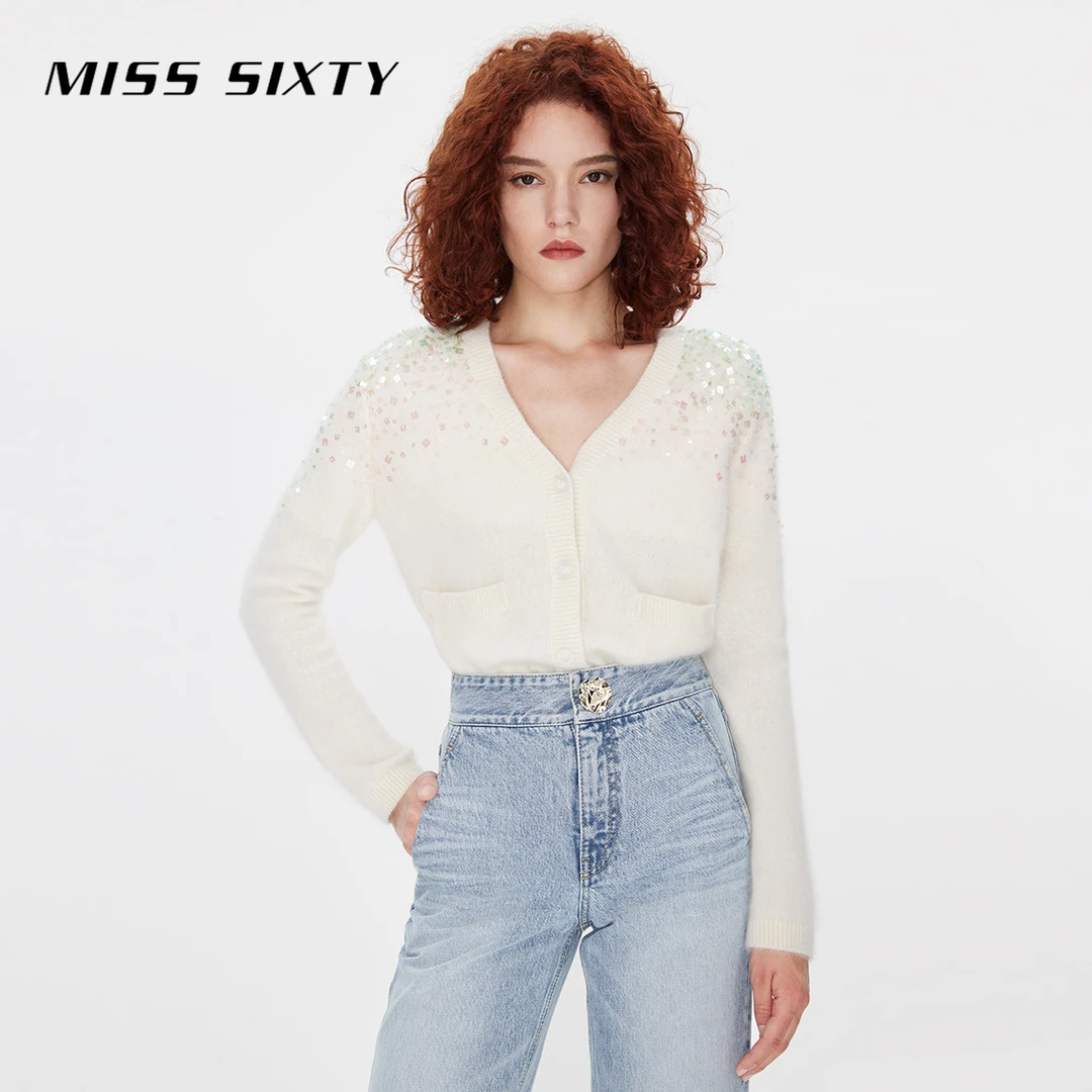 Miss Sixty毛织外套女装V领手工钉珠开衫气质百搭法式气质