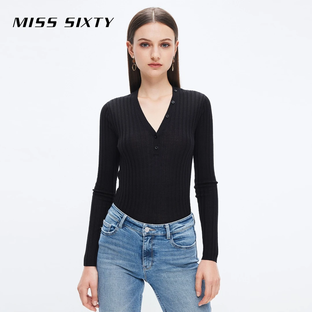 MissSixty短款套头衫气质黑色秋季女V领性感修身显瘦百搭通勤