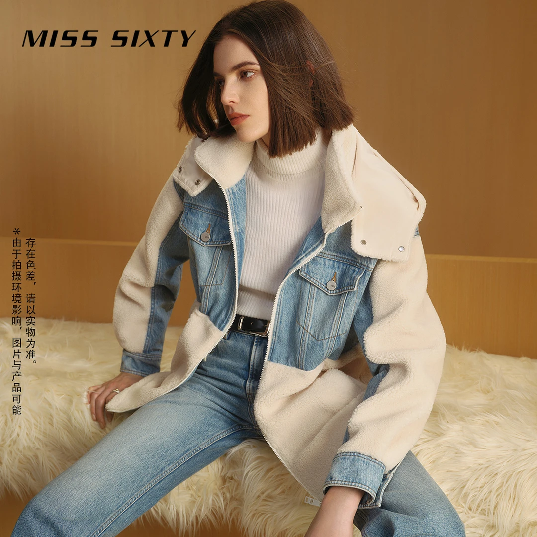 MissSixty冬季牛仔外套加绒韩版女夹棉拼接可拆帽保暖双向拉链