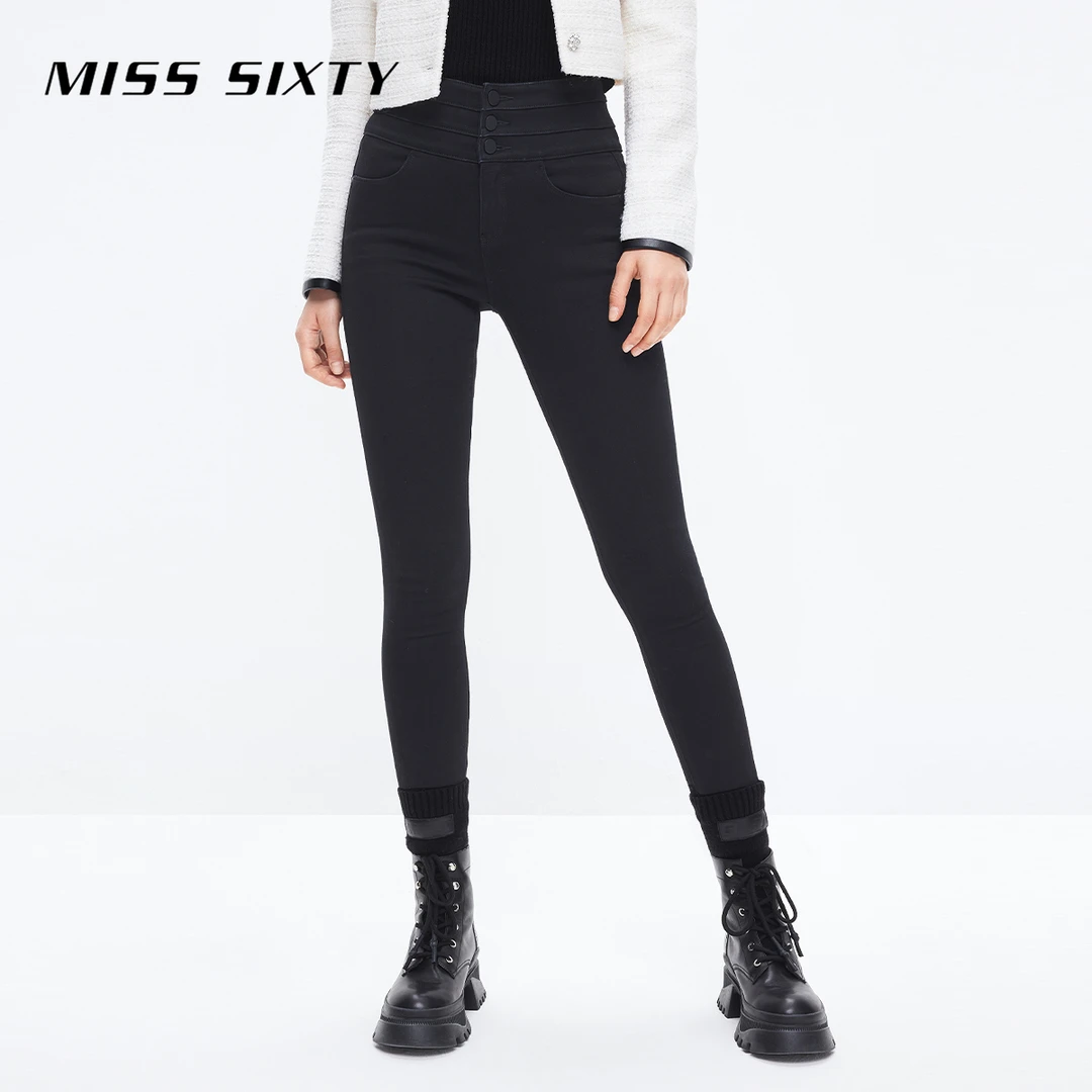 Miss Sixty磨毛牛仔裤女三环高腰弹力显瘦铅笔裤暗黑风高腰小脚裤
