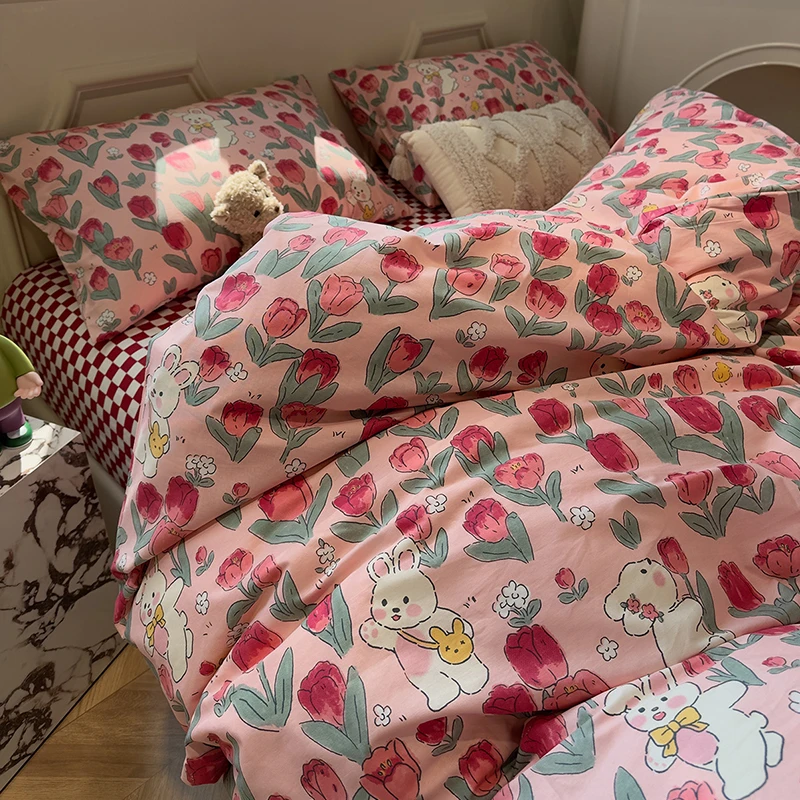 【朵罗塔】卡通可爱小兔全棉床上四件套小清新纯棉被套床单床上用品