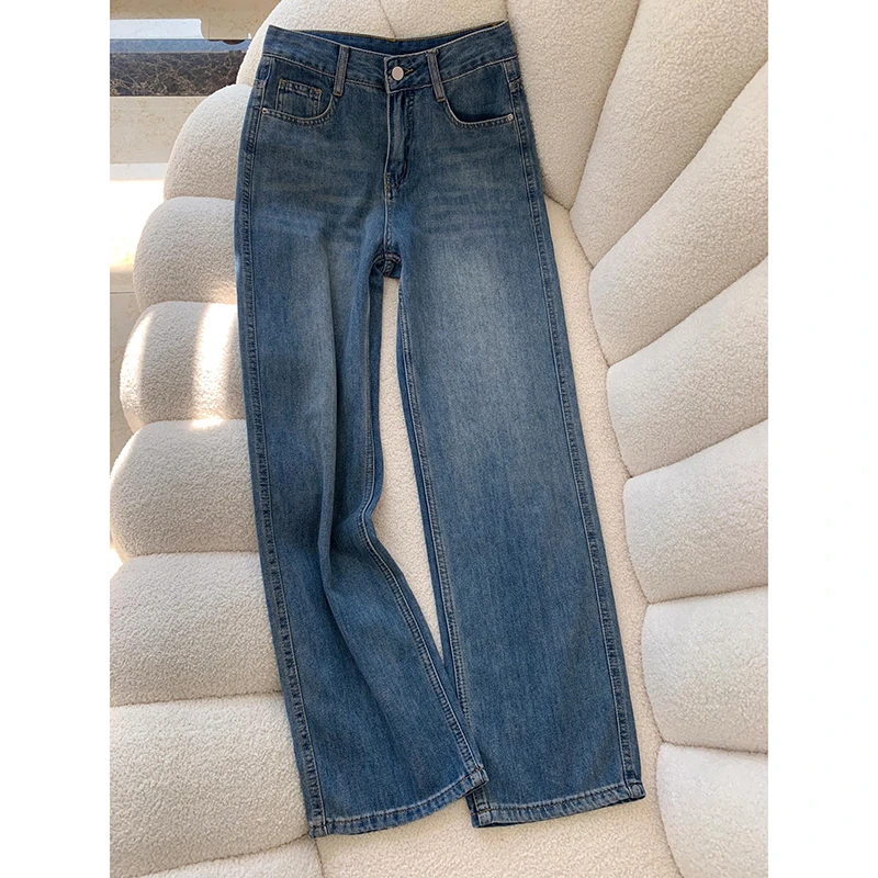 复古蓝窄版阔腿牛仔裤女款爆款春秋新款高腰显瘦直筒拖地裤子百搭