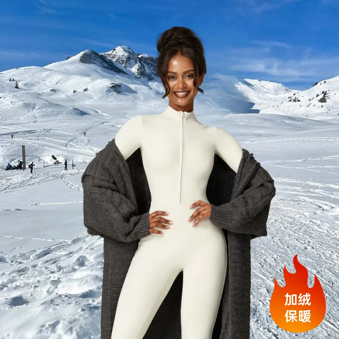欧美户外滑雪紧身加绒长袖连体紧身衣保暖跑步健身连体瑜伽服女