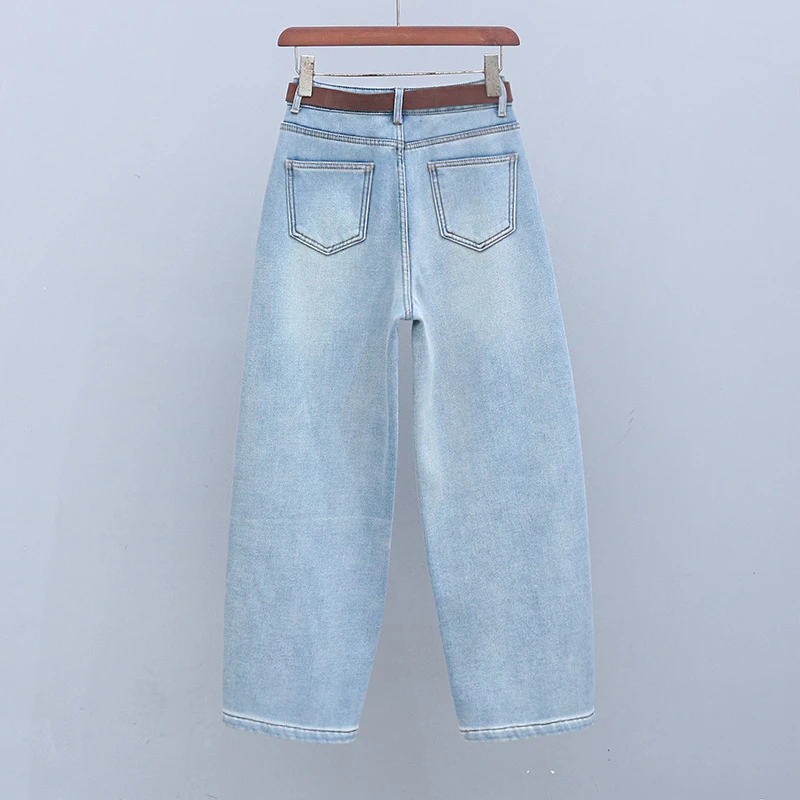 牛仔裤欧货冬季宽松阔腿加绒加厚香蕉裤潮流高腰时尚浅蓝色镰刀裤