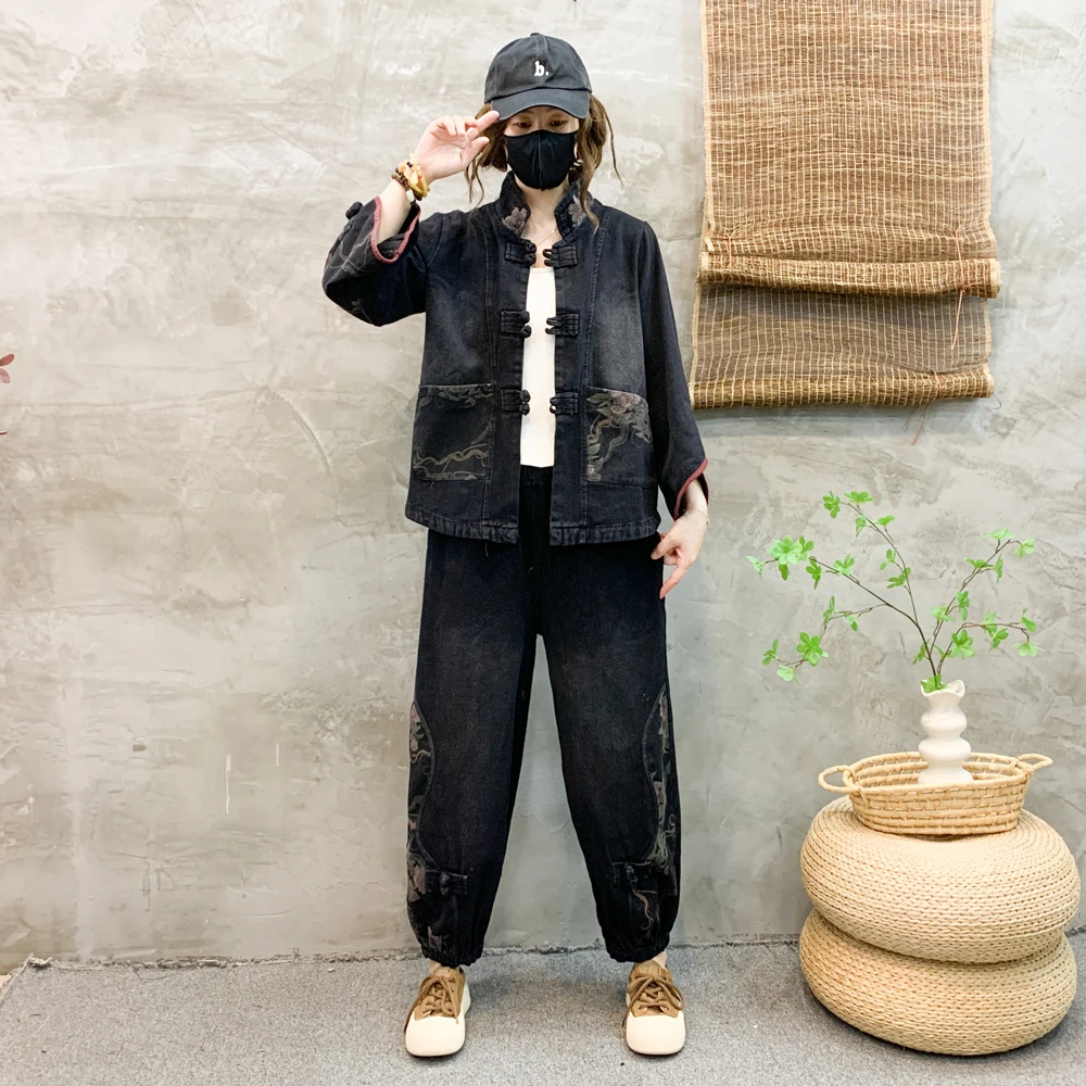 可单拍/春秋新款民族风休闲外套复古盘扣宽松大码水洗牛仔灯笼裤