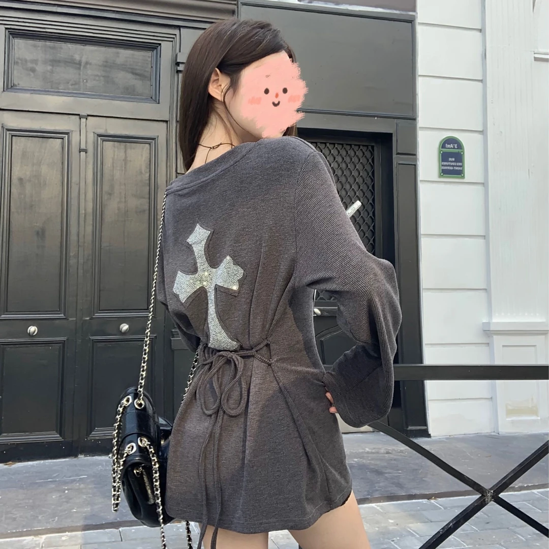 辣妹风十字架气质针织连衣裙女秋冬季设计感系带长袖收腰包臀短裙