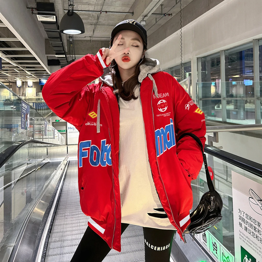 潮牌刺绣秋冬季加厚棒球服飞行员夹克男女同款红色女外套情侣棉服