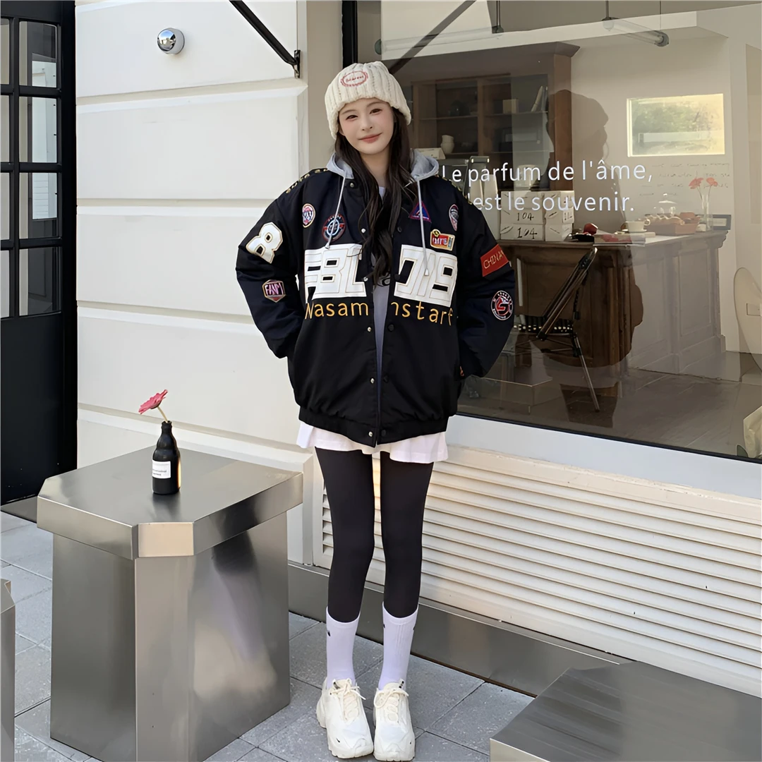 春秋冬厚外套女美式休闲棒球服宽松情侣脱卸帽飞行员夹克男女棉服