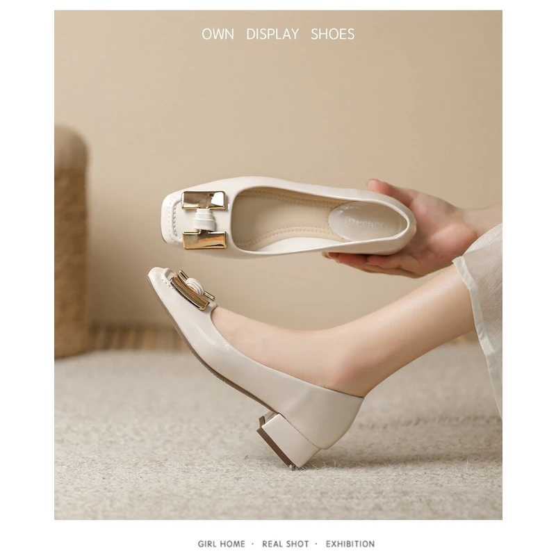 850-52欧洲站H扣方头浅口低跟百搭真皮粗跟单鞋2024法式跟鞋