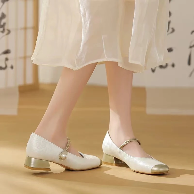 MC3-06小香风拼接新中式国风粗跟浅口时尚百搭显瘦气质单鞋